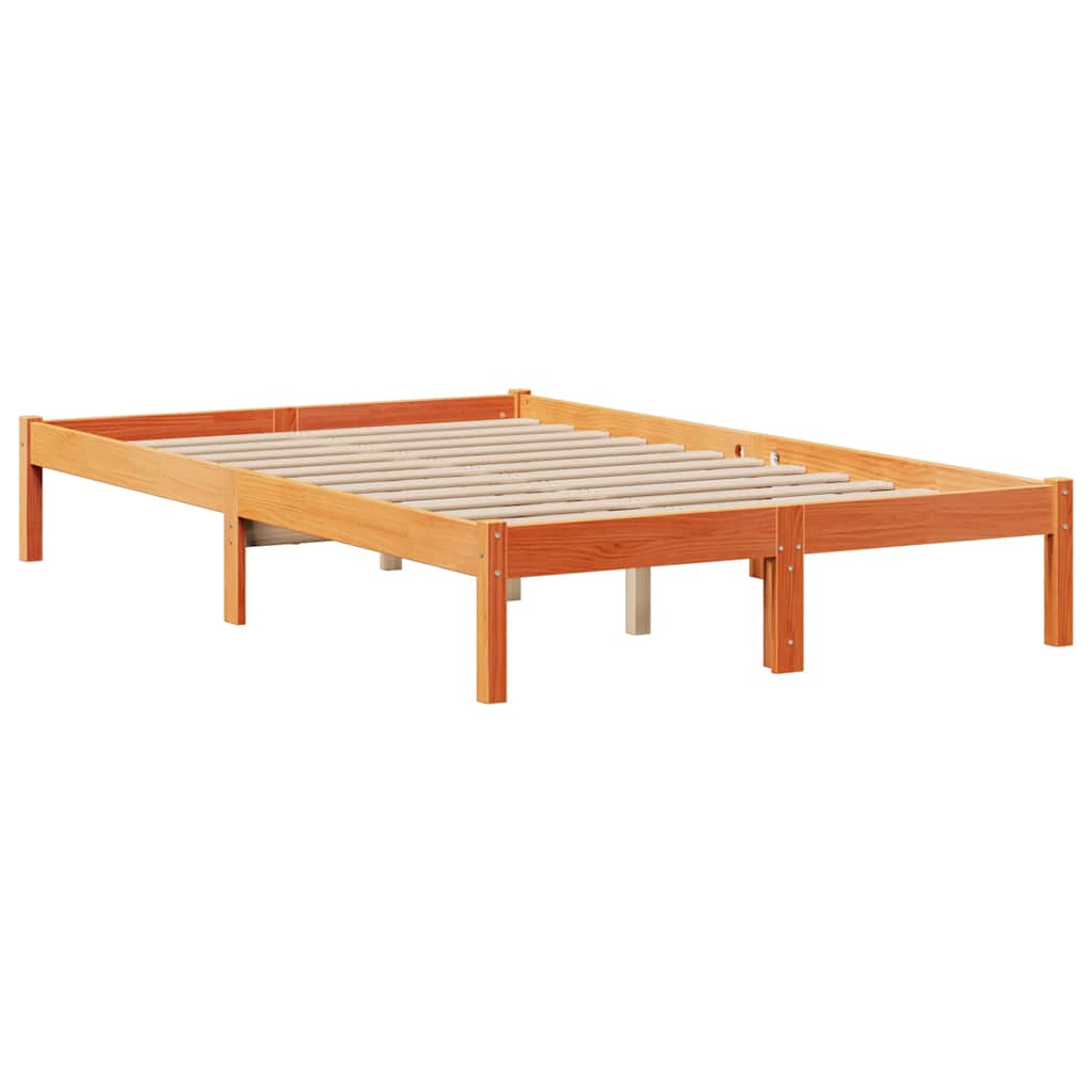 Seng med bokhylle uten madrass voksbrun 135x190 cm heltre furu