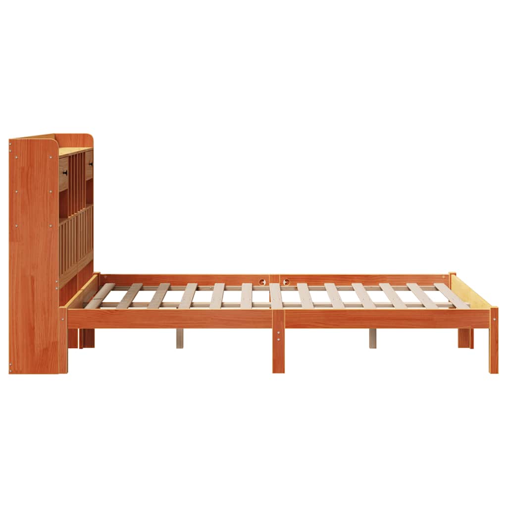 Seng med bokhylle uten madrass voksbrun 135x190 cm heltre furu