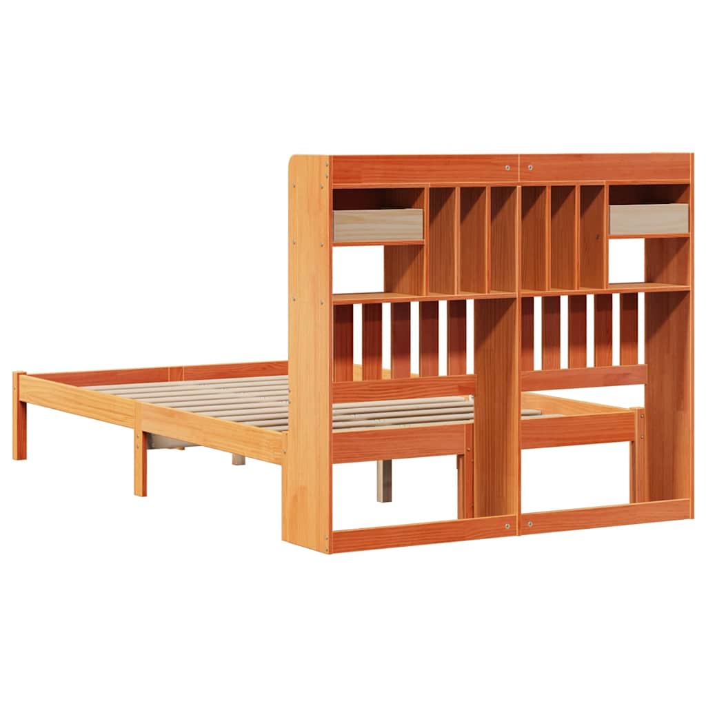 Seng med bokhylle uten madrass voksbrun 135x190 cm heltre furu
