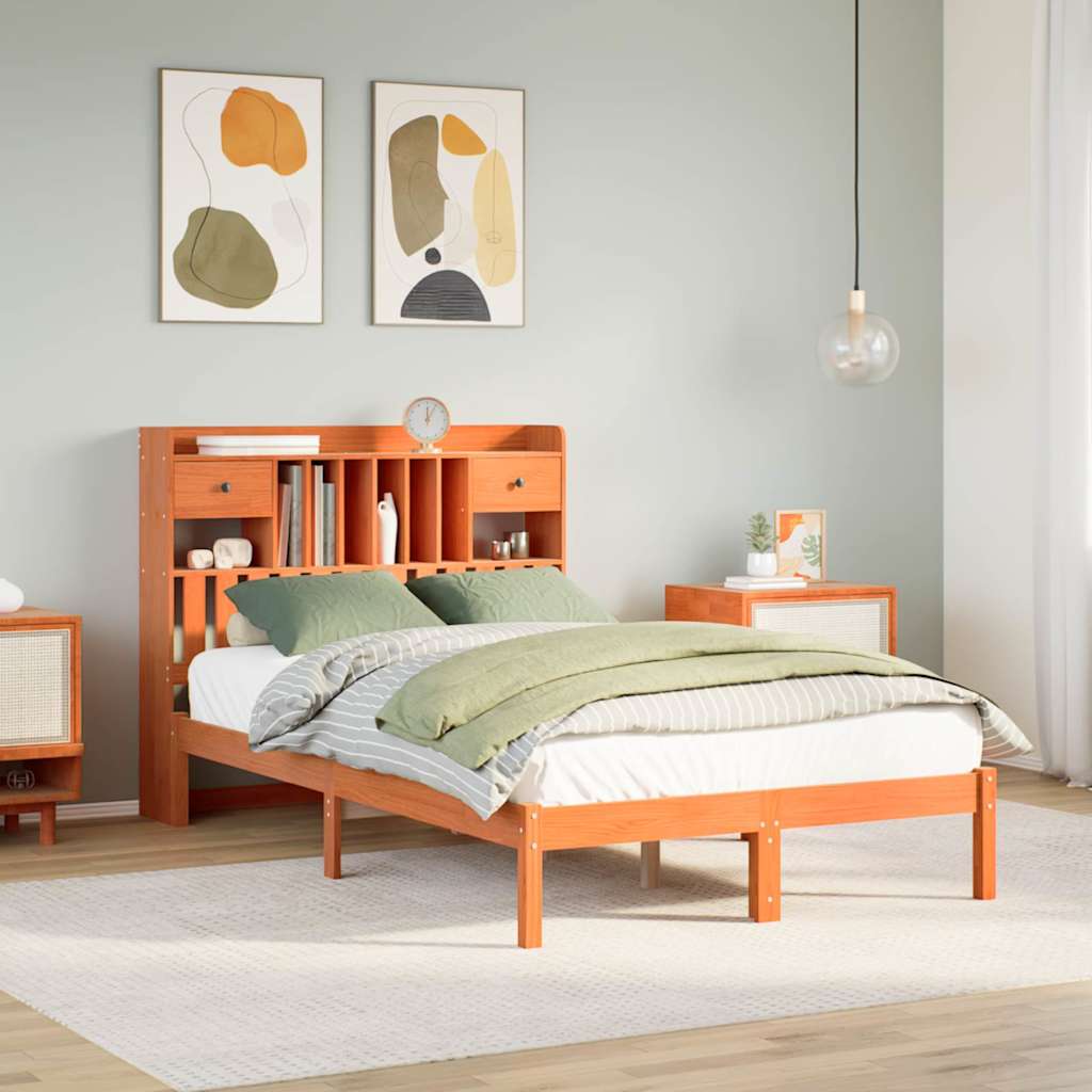 Seng med bokhylle uten madrass voksbrun 135x190 cm heltre furu
