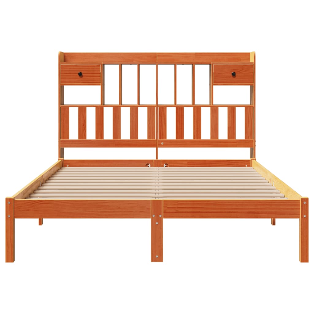 Seng med bokhylle uten madrass voksbrun 140x190 cm heltre furu