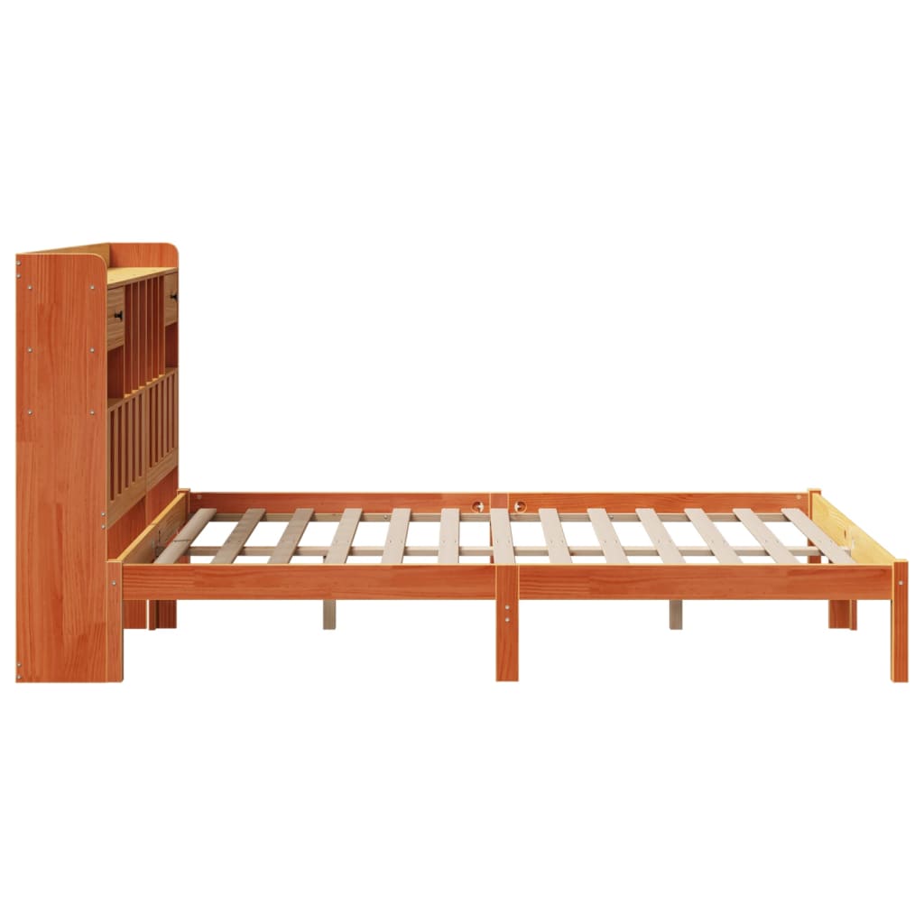 Seng med bokhylle uten madrass voksbrun 140x190 cm heltre furu