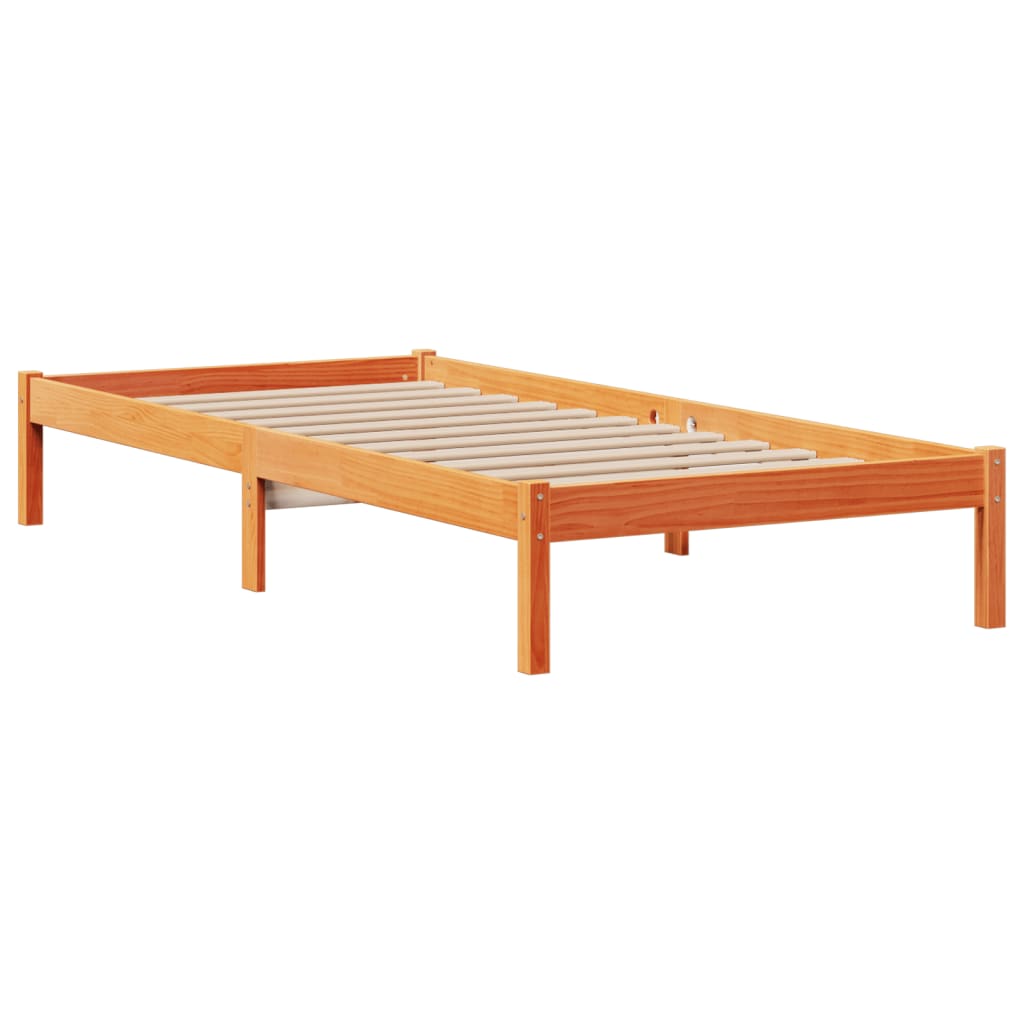 Seng med bokhylle uten madrass voksbrun 100x200 cm heltre furu