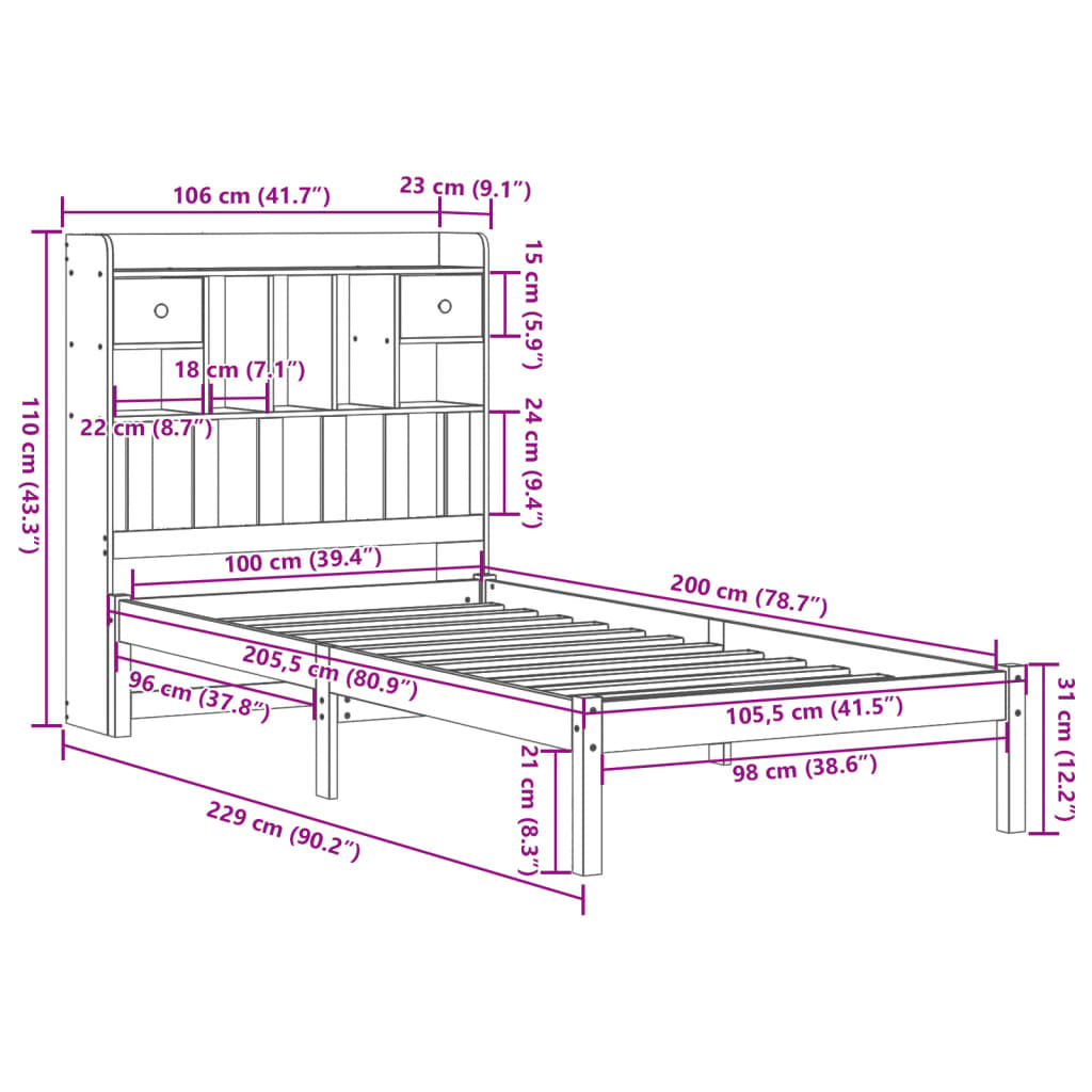 Seng med bokhylle uten madrass voksbrun 100x200 cm heltre furu