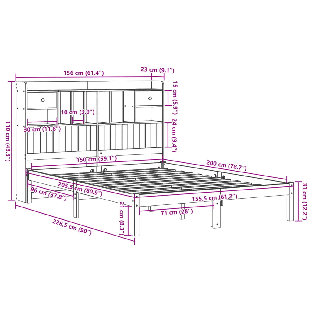 Seng med bokhylle uten madrass voksbrun 150x200 cm heltre furu