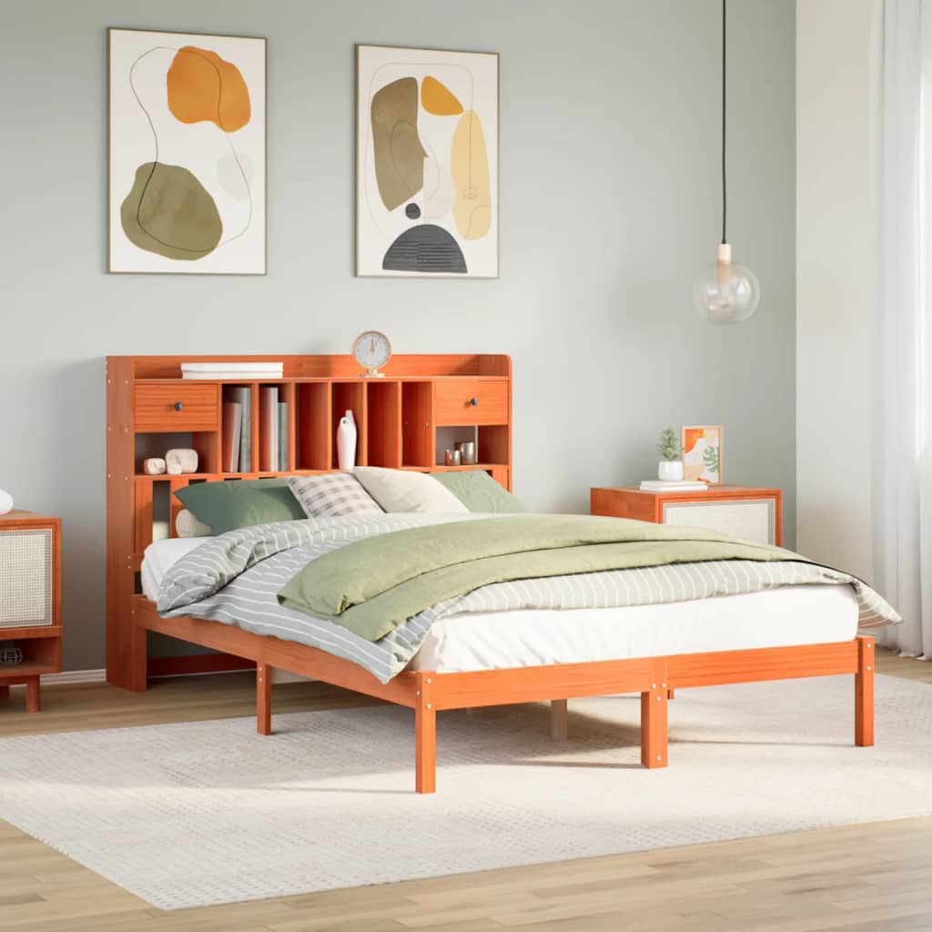 Seng med bokhylle uten madrass voksbrun 150x200 cm heltre furu
