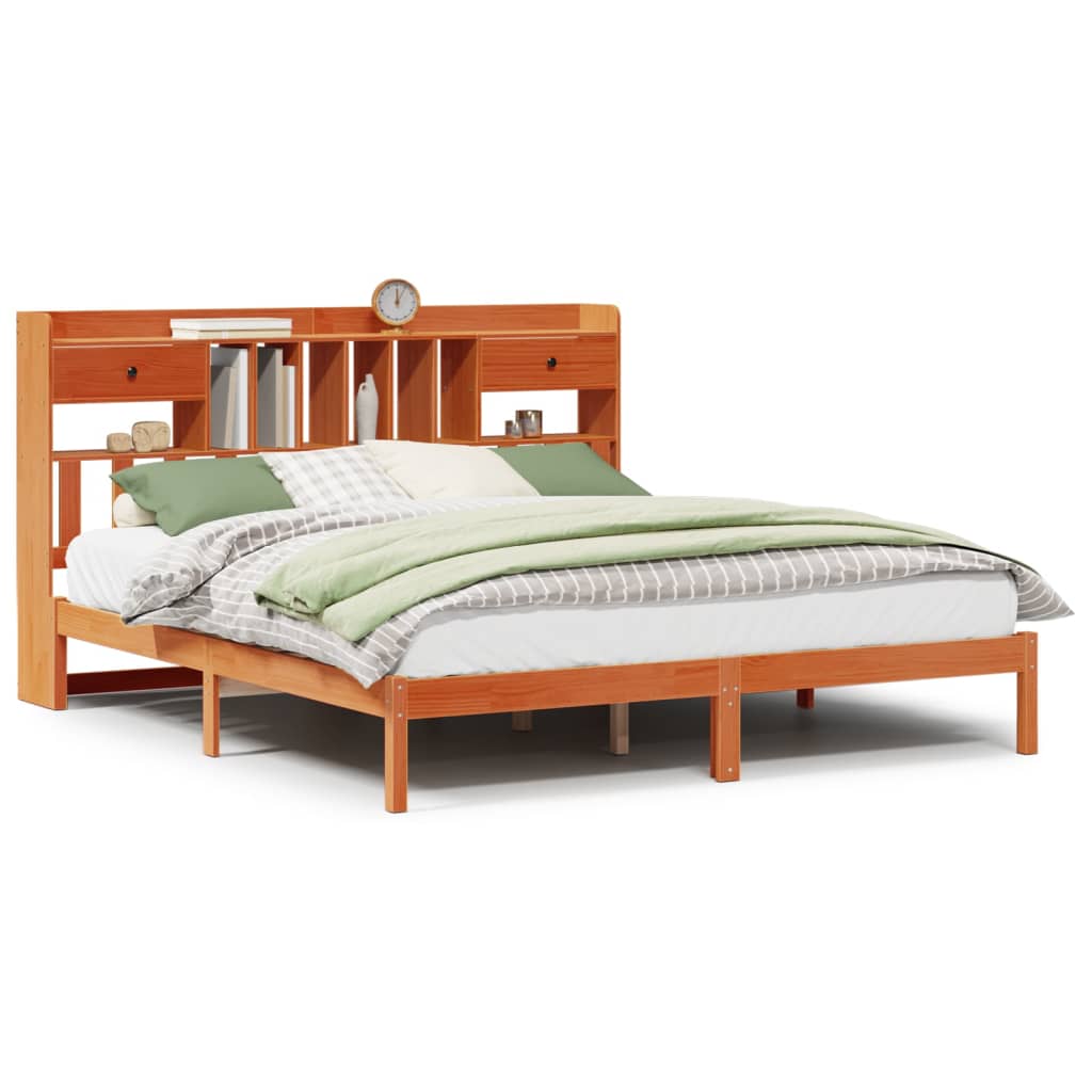 Seng med bokhylle uten madrass voksbrun 200x200 cm heltre furu