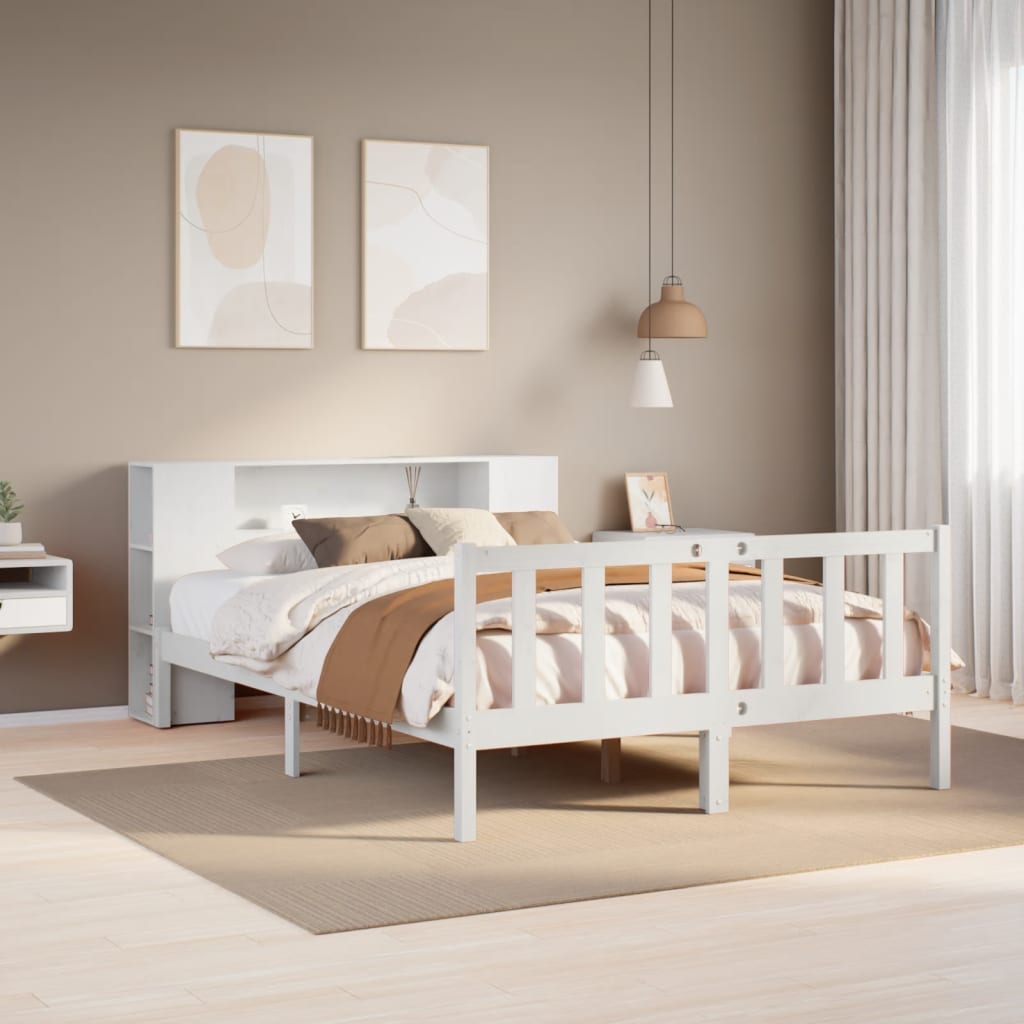 Seng med bokhylle uten madrass hvit 120x190 cm heltre furu