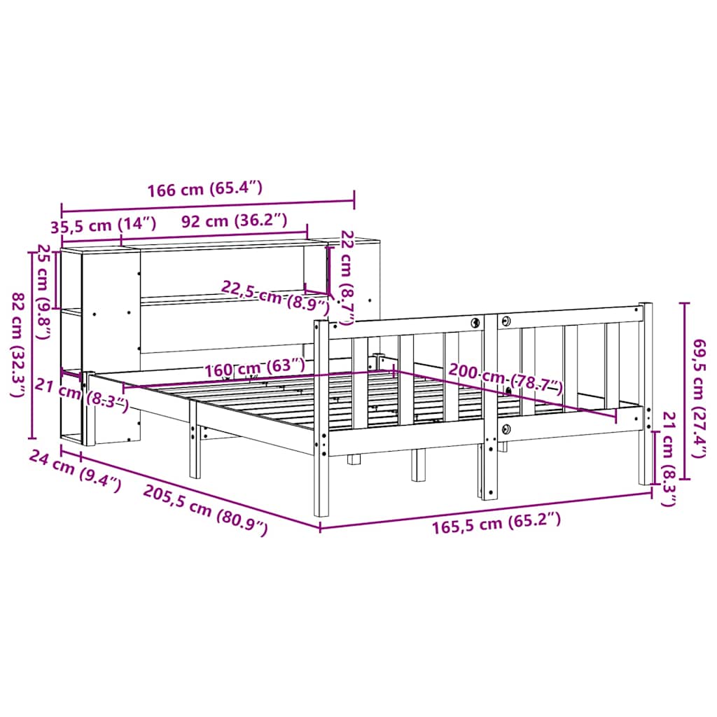 Seng med bokhylle uten madrass 160x200 cm heltre furu