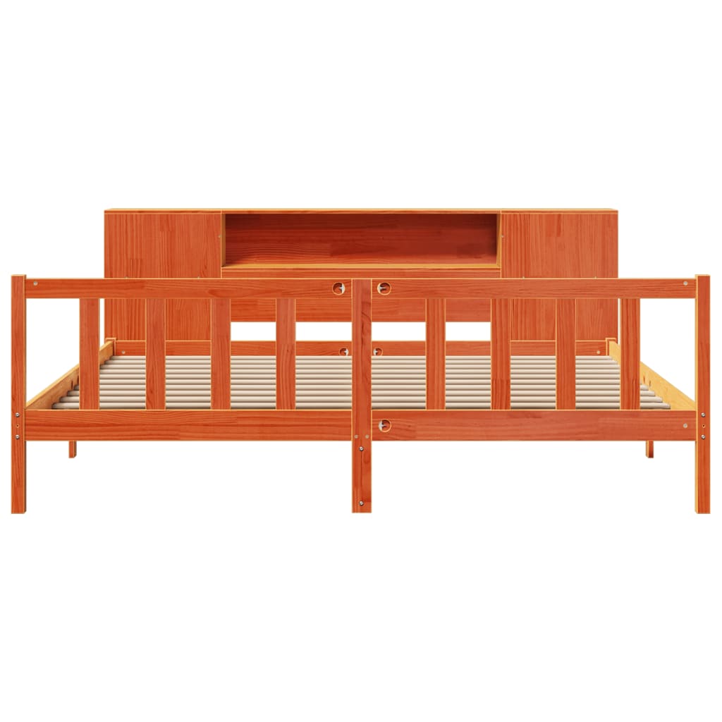 Seng med bokhylle uten madrass voksbrun 180x200 cm heltre furu