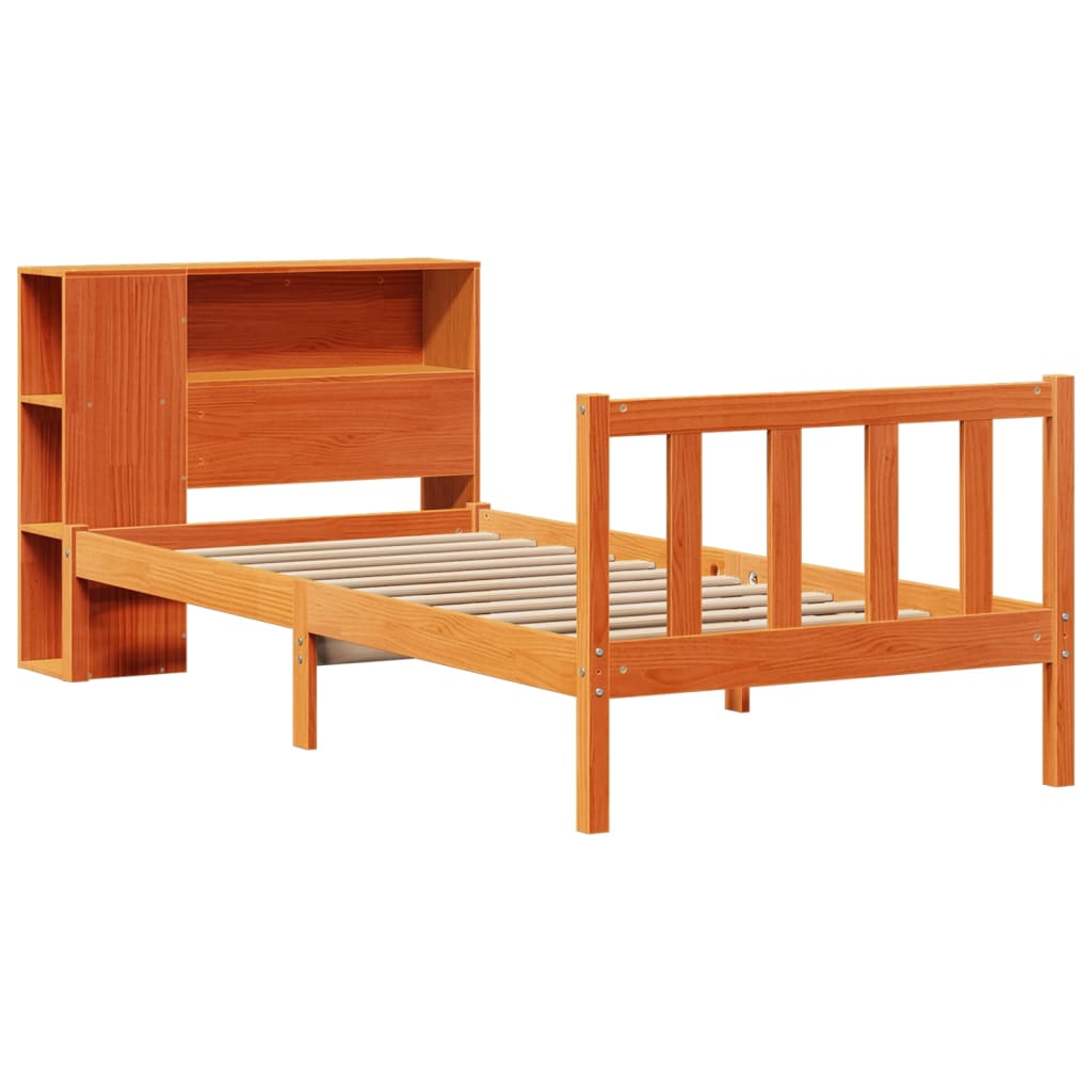 Seng med bokhylle uten madrass voksbrun 100x200 cm heltre furu