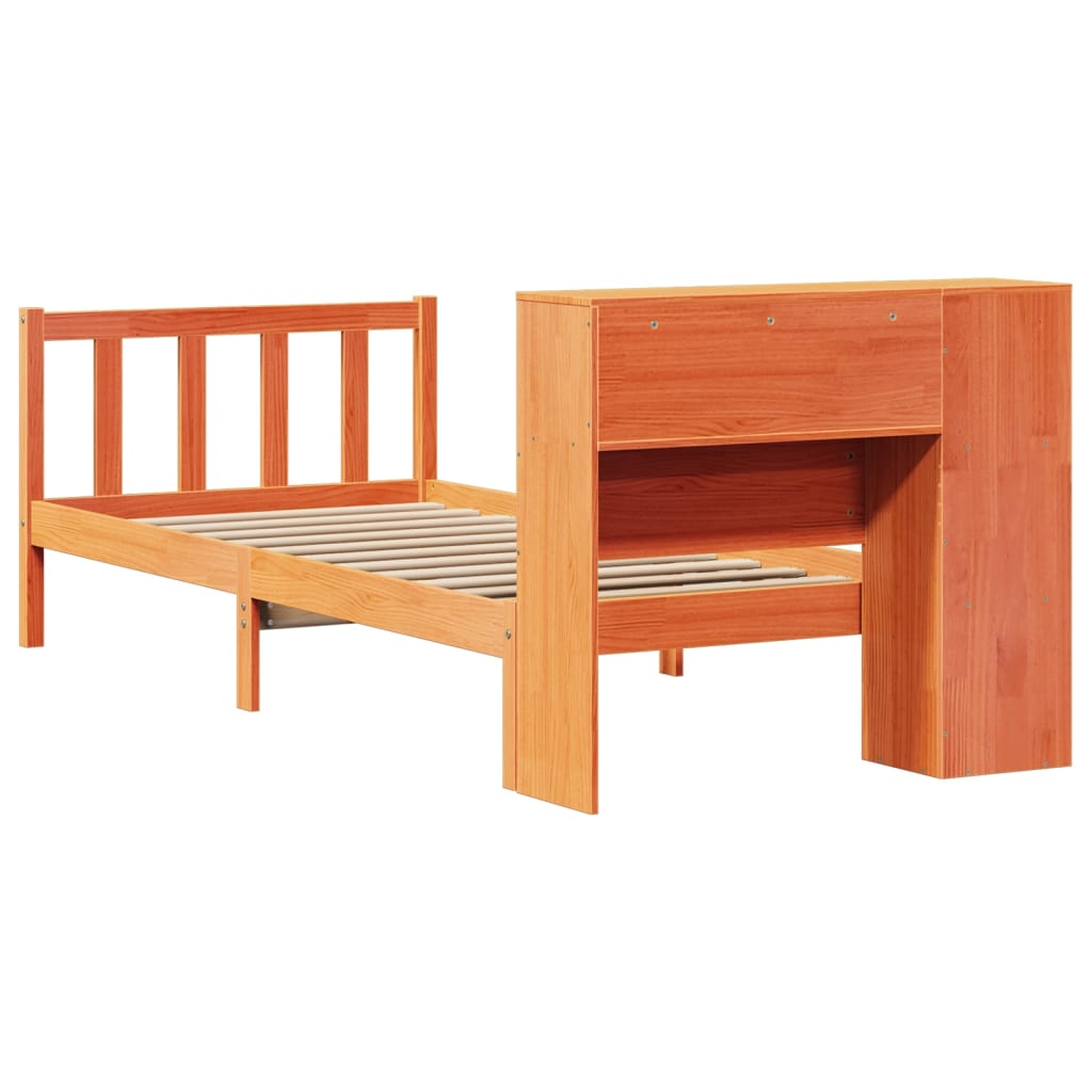 Seng med bokhylle uten madrass voksbrun 100x200 cm heltre furu