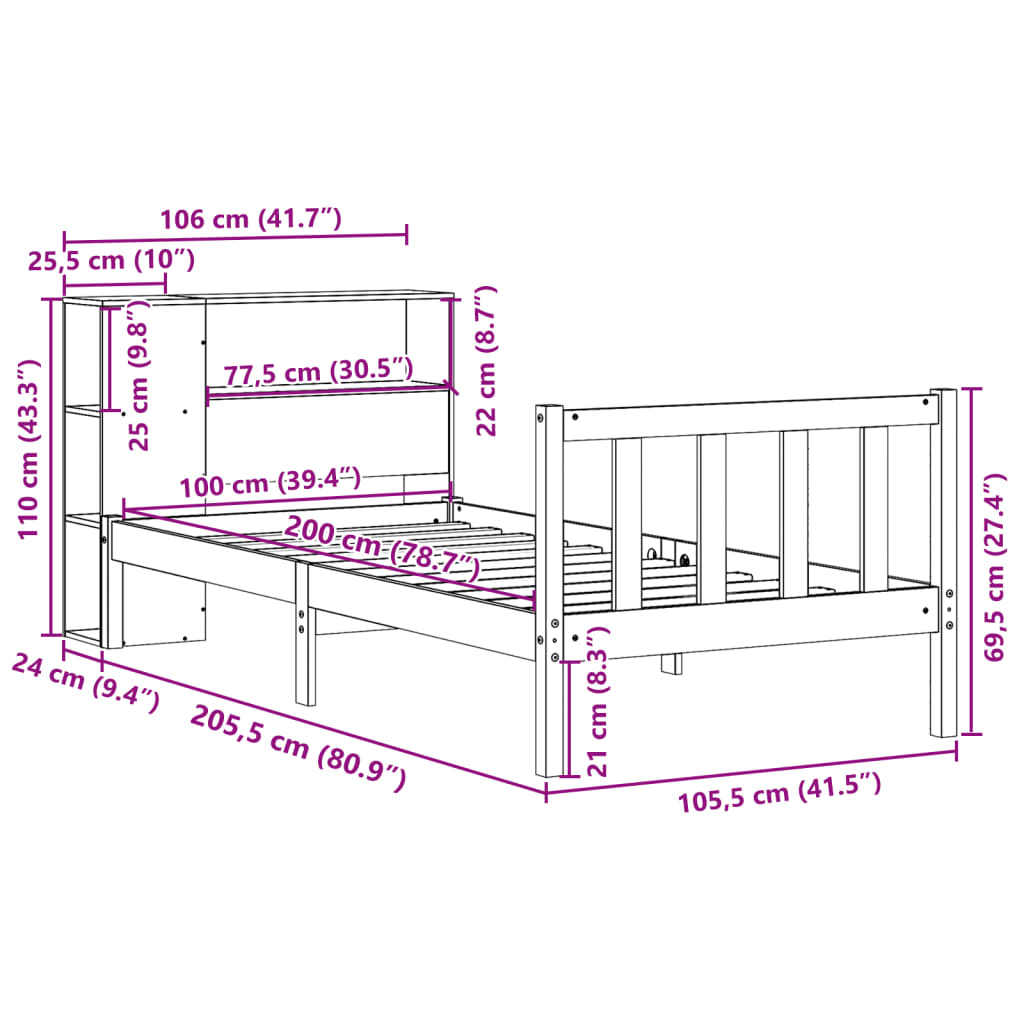 Seng med bokhylle uten madrass voksbrun 100x200 cm heltre furu