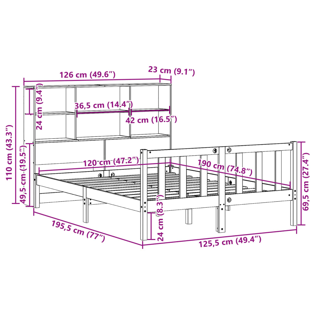 Seng med bokhylle uten madrass hvit 120x190 cm heltre furu