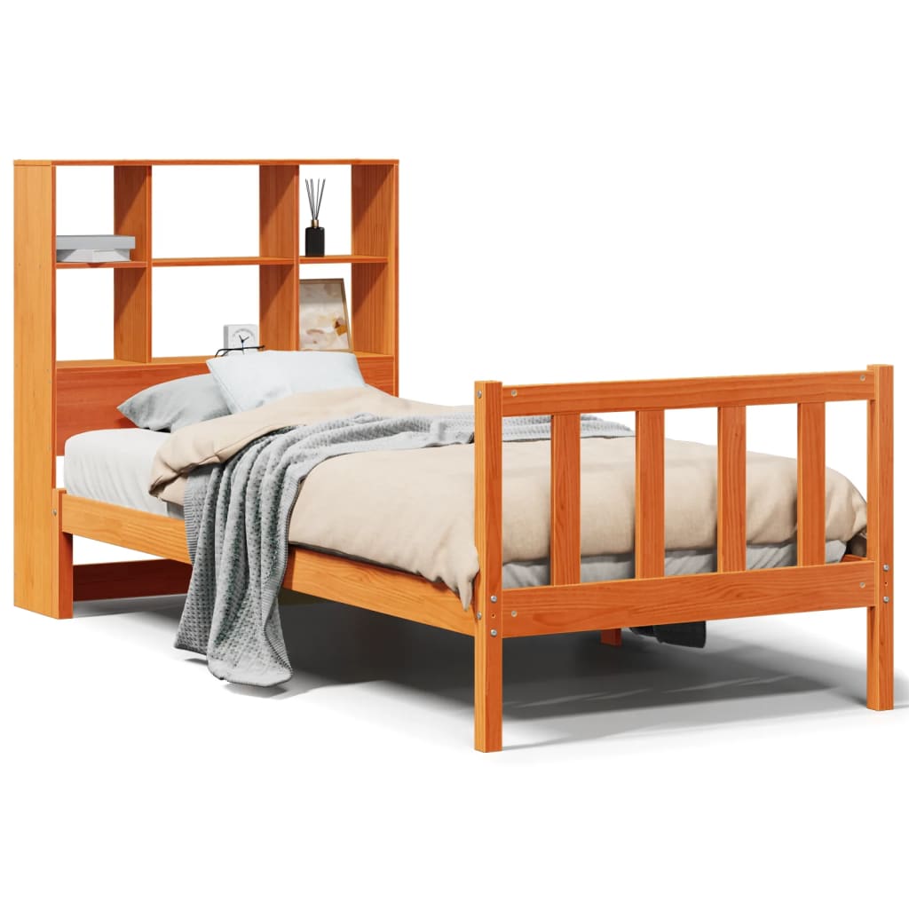 Seng med bokhylle uten madrass voksbrun 100x200 cm heltre furu