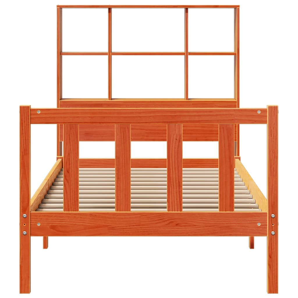 Seng med bokhylle uten madrass voksbrun 100x200 cm heltre furu