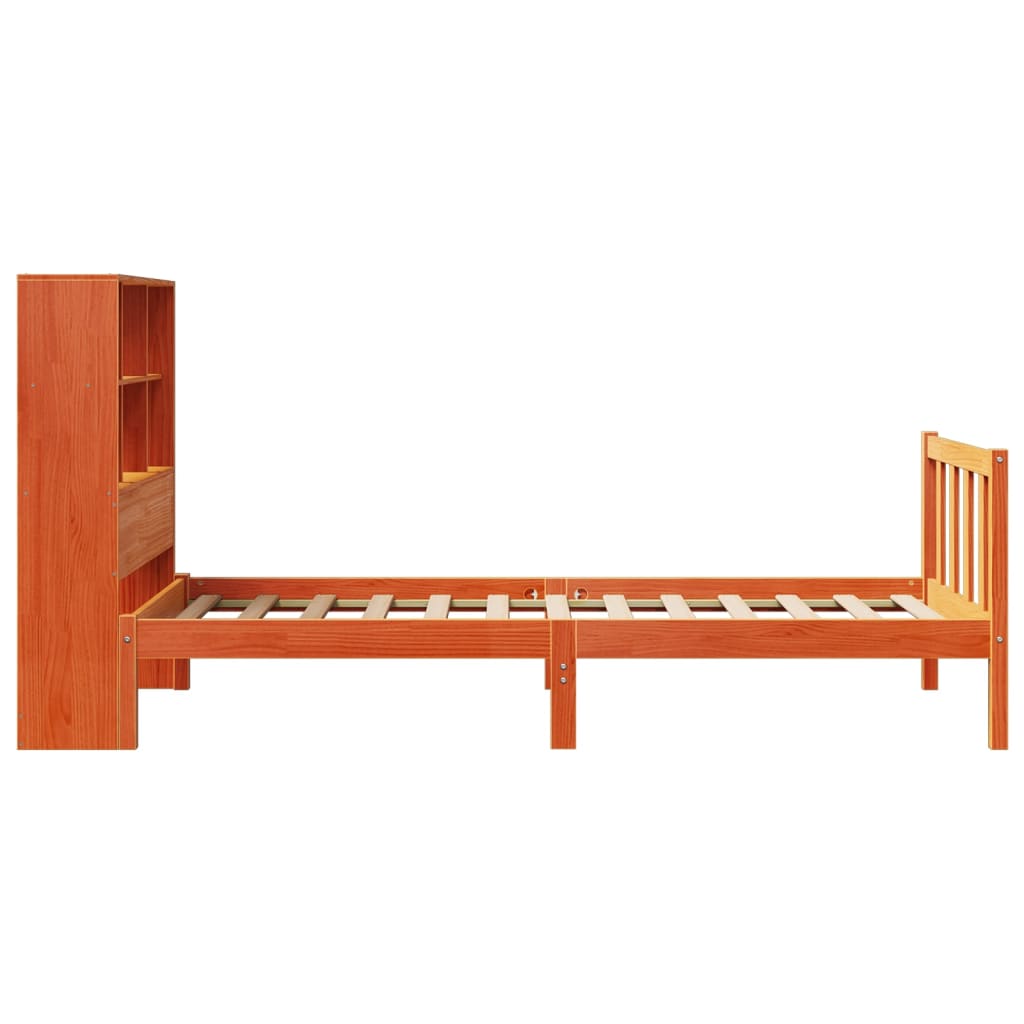 Seng med bokhylle uten madrass voksbrun 100x200 cm heltre furu