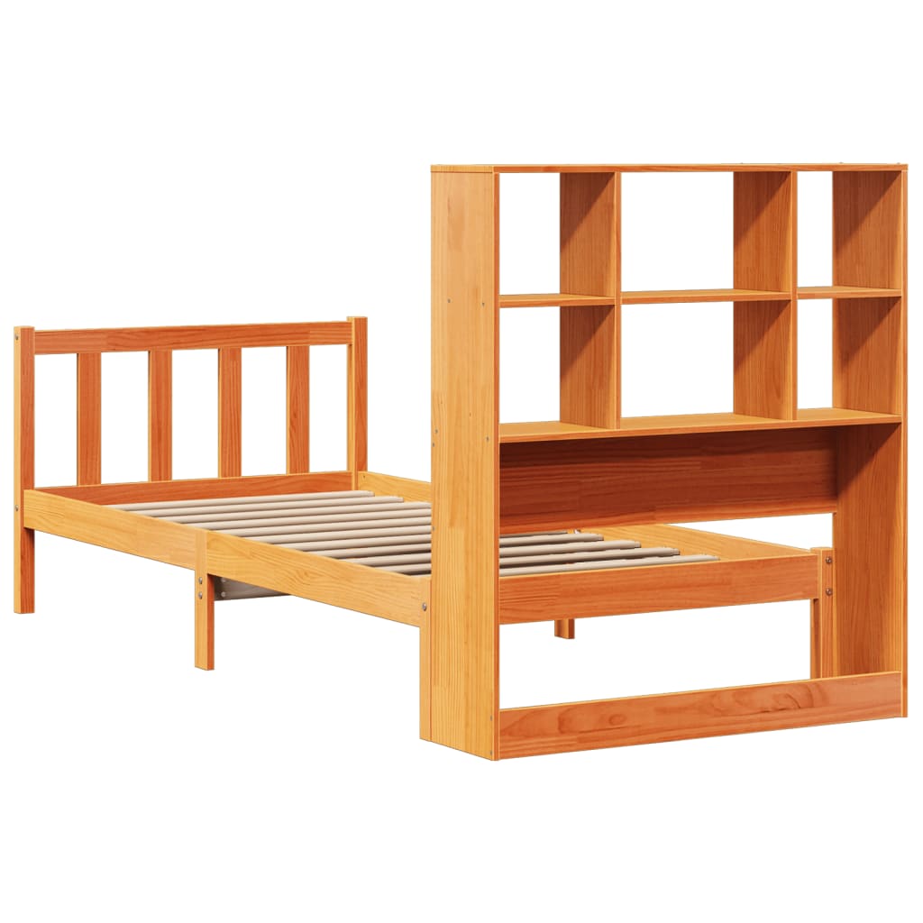 Seng med bokhylle uten madrass voksbrun 100x200 cm heltre furu