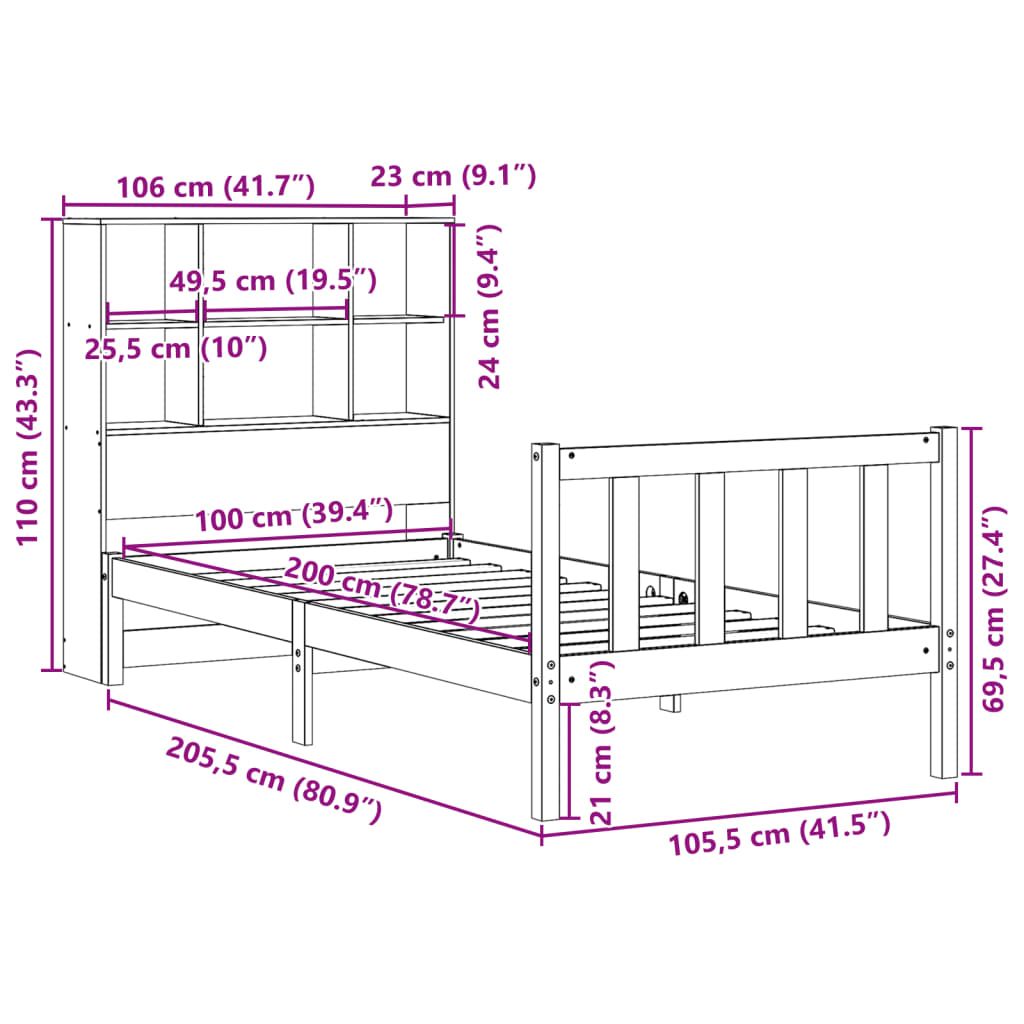 Seng med bokhylle uten madrass voksbrun 100x200 cm heltre furu