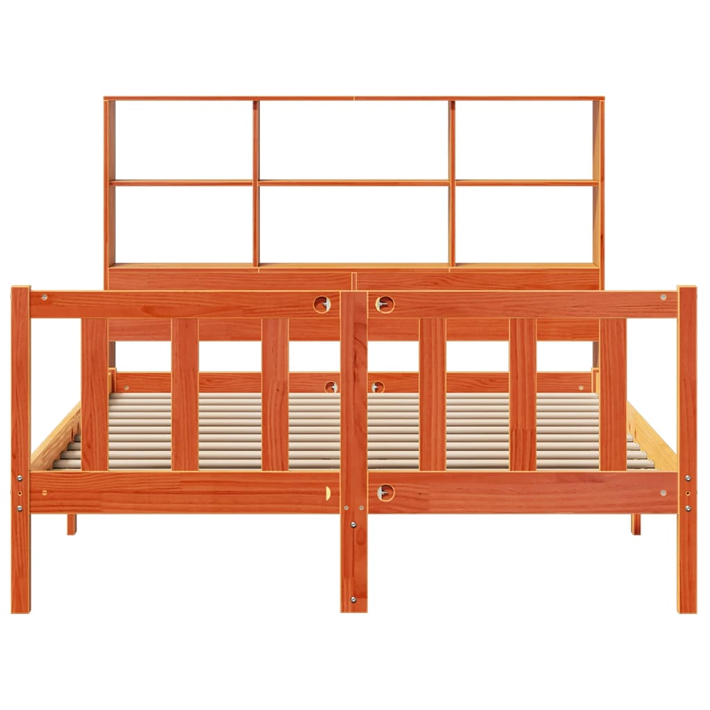 Seng med bokhylle uten madrass voksbrun 140x200 cm heltre furu