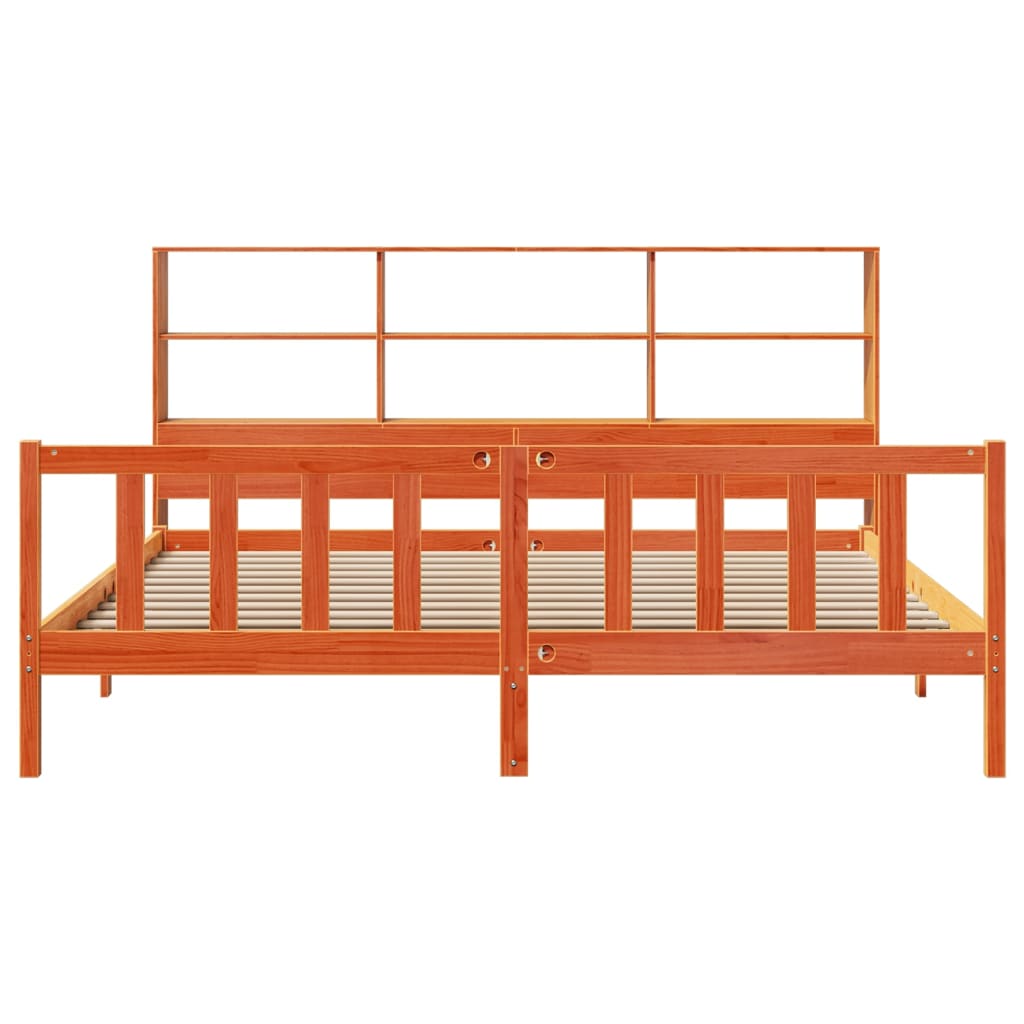 Seng med bokhylle uten madrass voksbrun 180x200 cm heltre furu