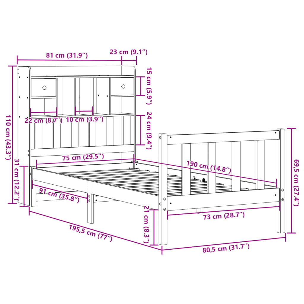 Seng med bokhylle uten madrass 75x190 cm heltre furu