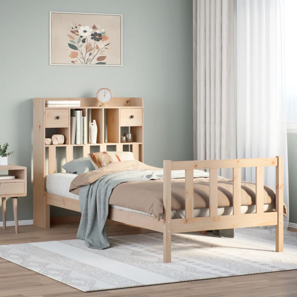 Seng med bokhylle uten madrass 75x190 cm heltre furu