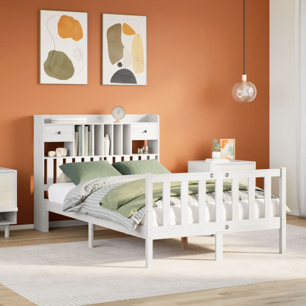 Seng med bokhylle uten madrass hvit 135x190 cm heltre furu