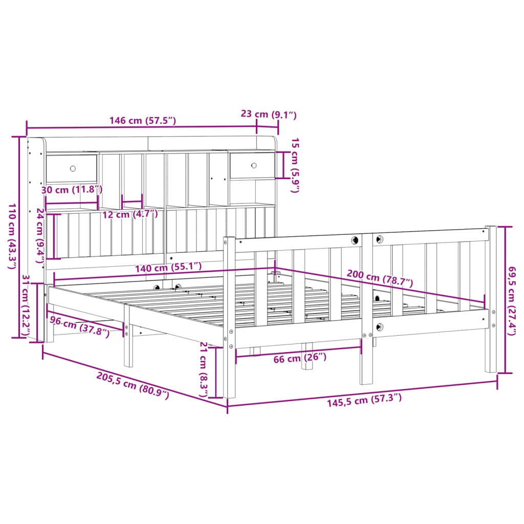 Seng med bokhylle uten madrass 140x200 cm heltre furu
