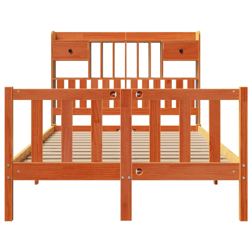 Seng med bokhylle uten madrass voksbrun 135x190 cm heltre furu