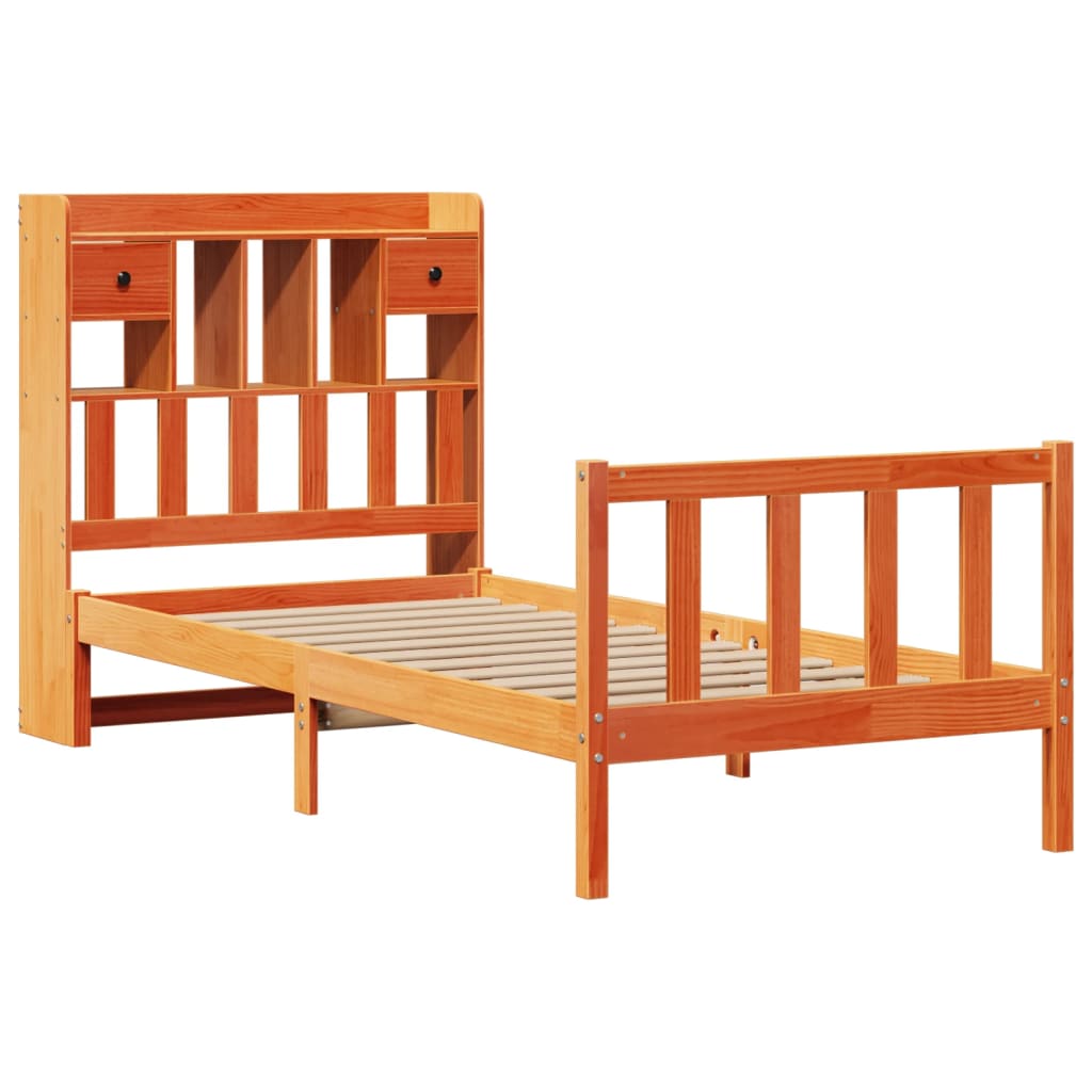 Seng med bokhylle uten madrass voksbrun 100x200 cm heltre furu