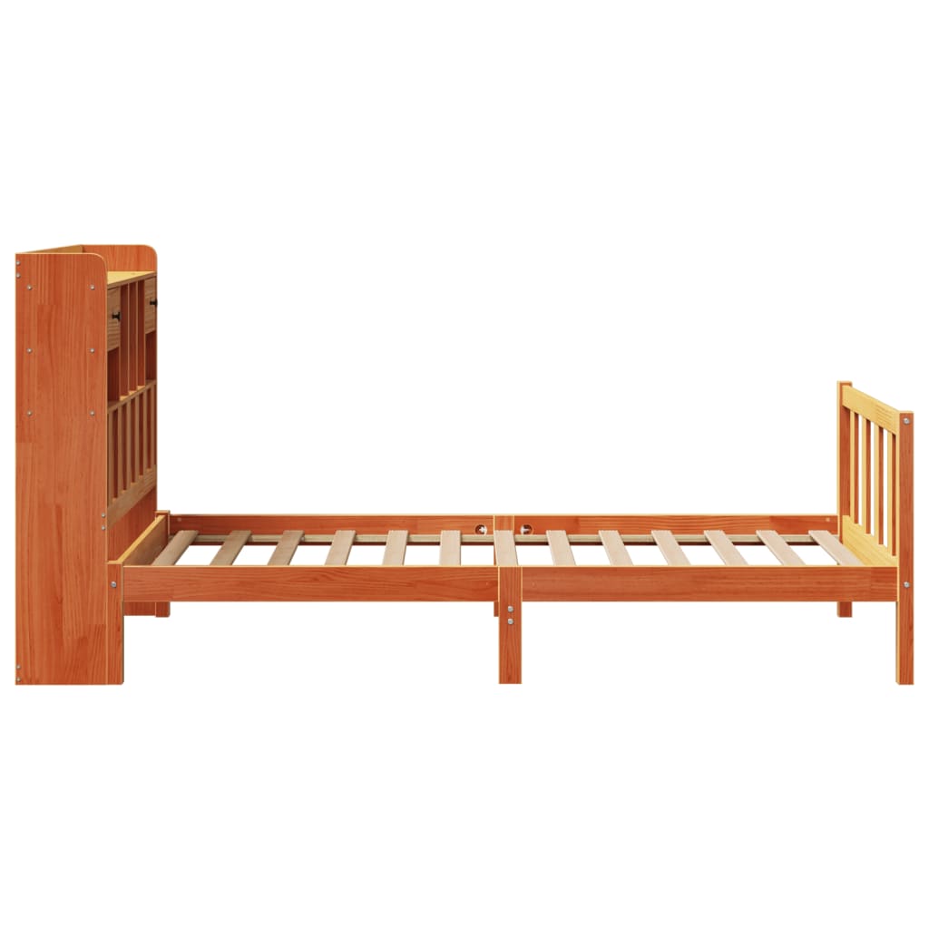 Seng med bokhylle uten madrass voksbrun 100x200 cm heltre furu