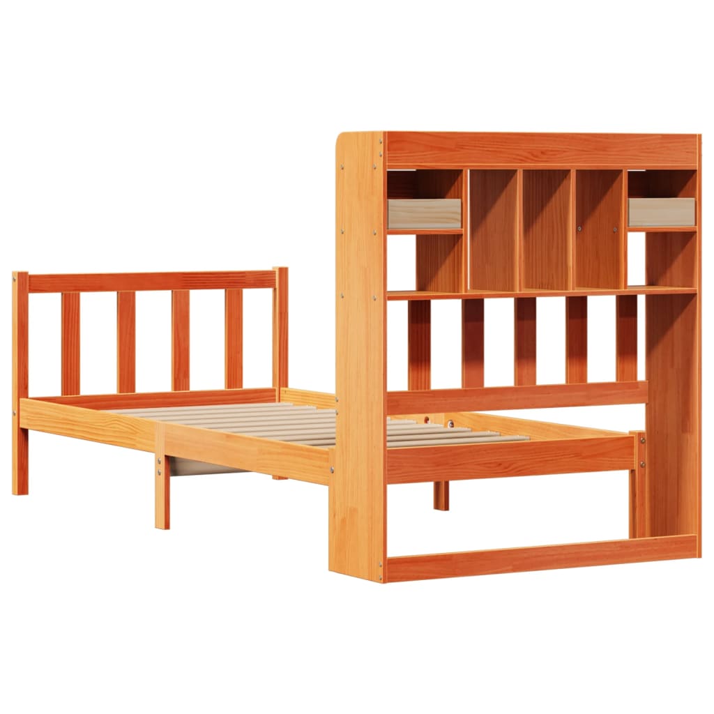 Seng med bokhylle uten madrass voksbrun 100x200 cm heltre furu