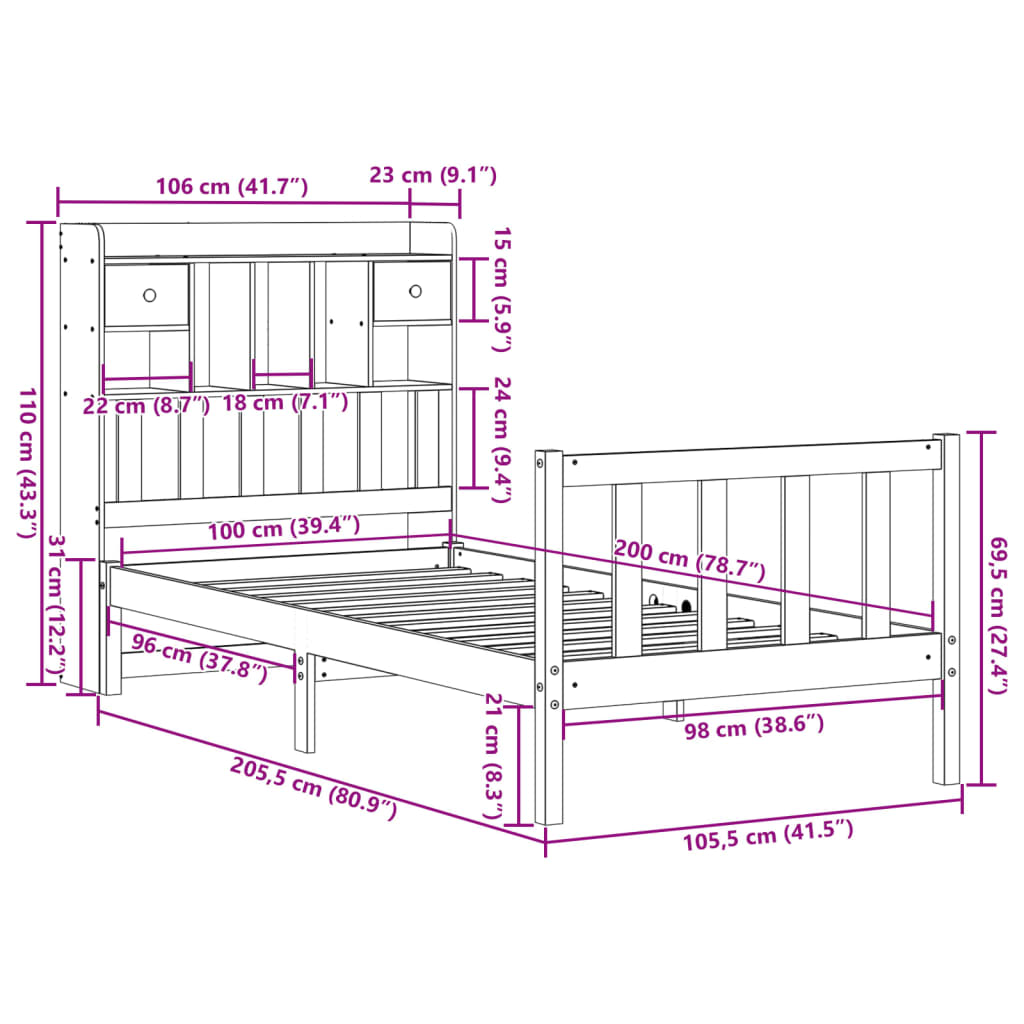 Seng med bokhylle uten madrass voksbrun 100x200 cm heltre furu