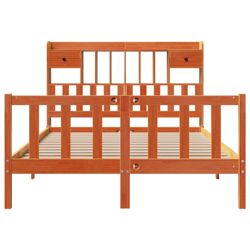 Seng med bokhylle uten madrass voksbrun 140x200 cm heltre furu