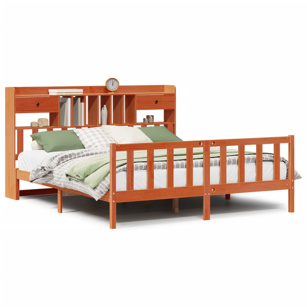 Seng med bokhylle uten madrass voksbrun 200x200 cm heltre furu