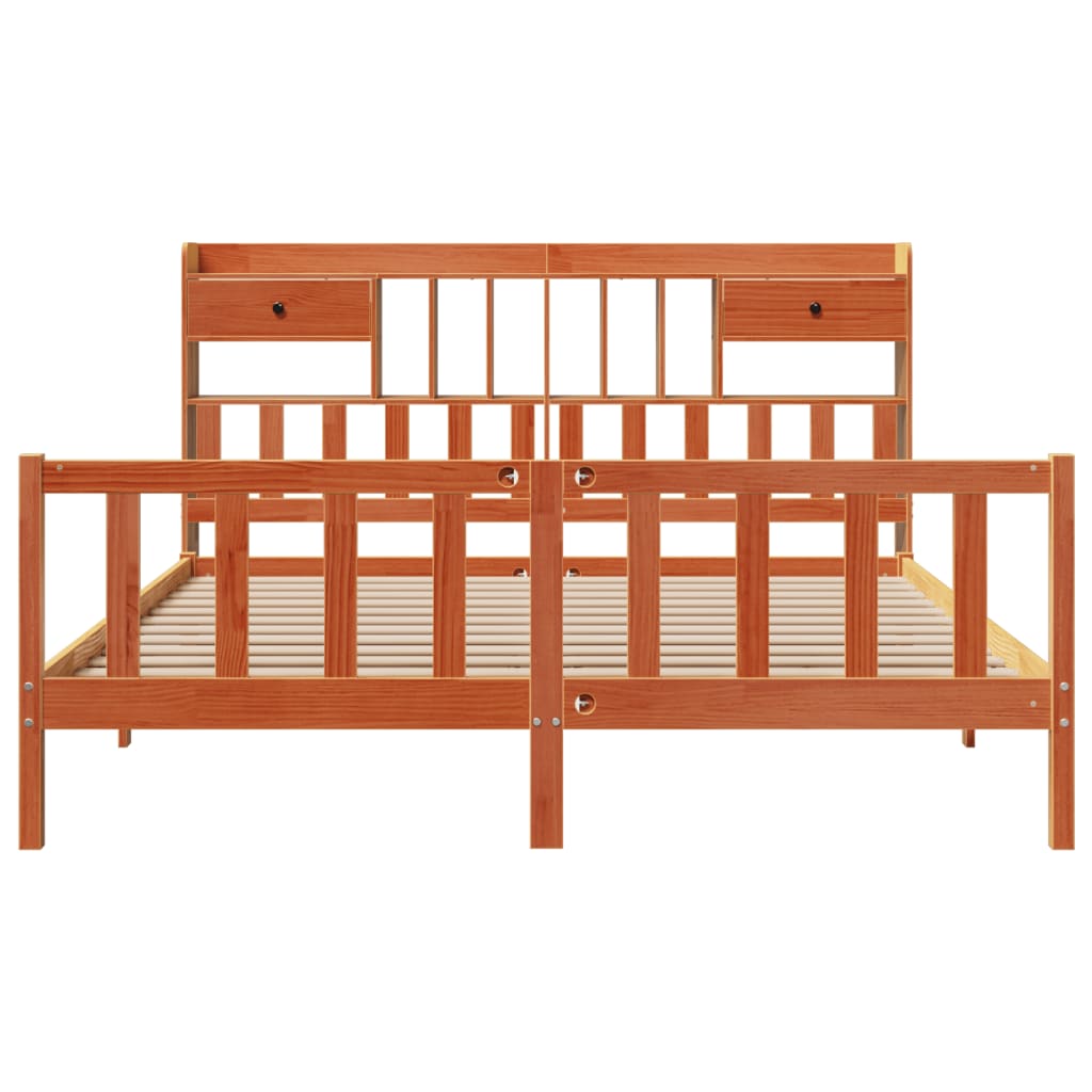 Seng med bokhylle uten madrass voksbrun 200x200 cm heltre furu