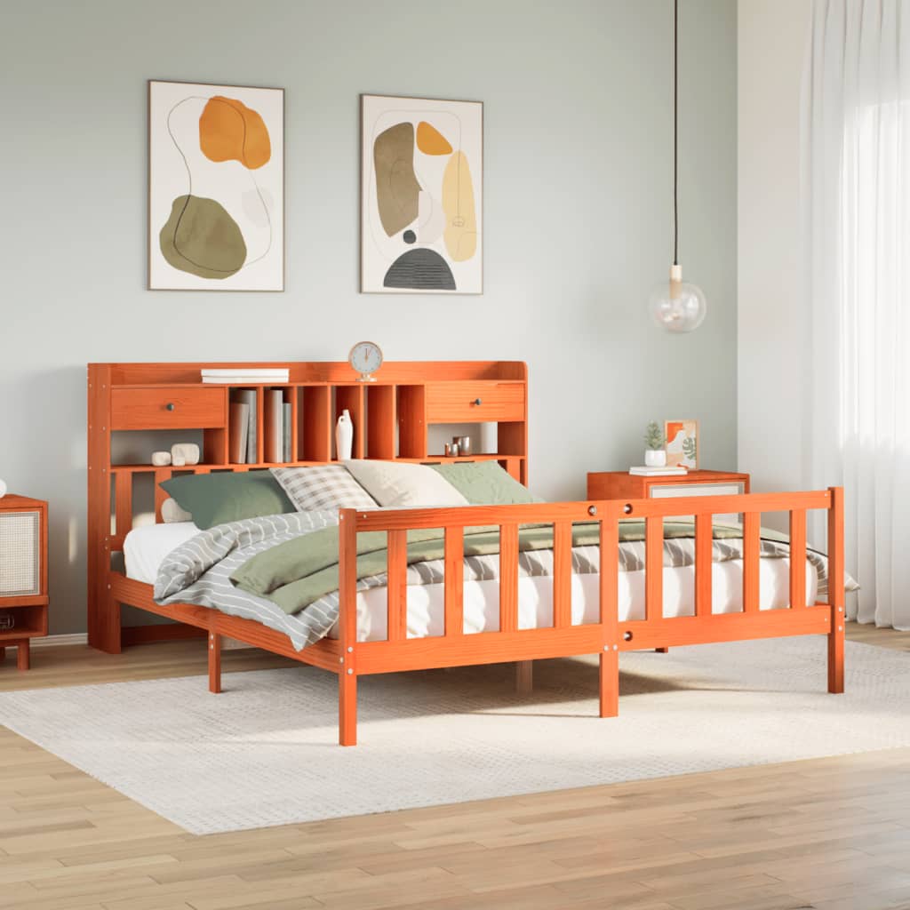 Seng med bokhylle uten madrass voksbrun 200x200 cm heltre furu