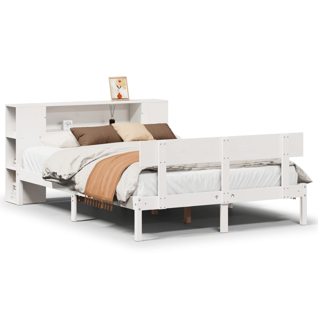 Seng med bokhylle uten madrass hvit 135x190 cm heltre furu