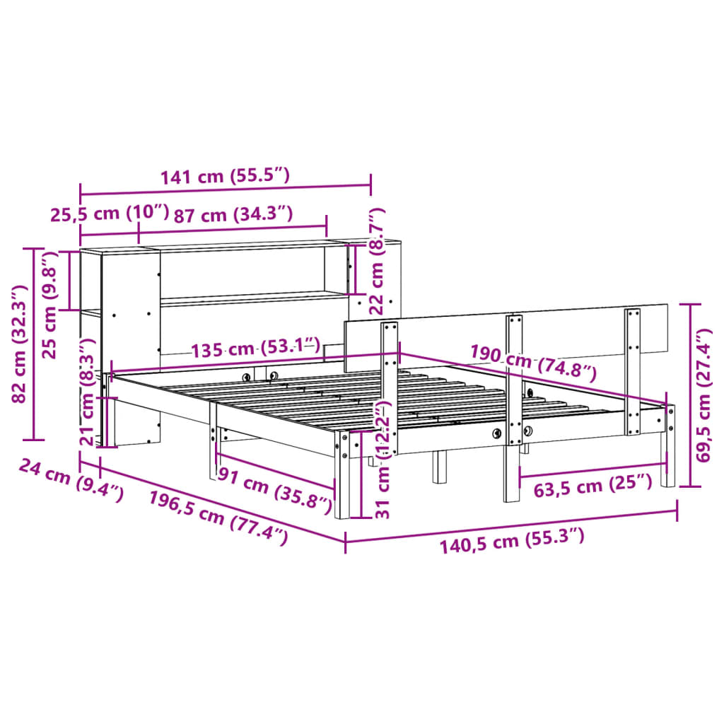 Seng med bokhylle uten madrass hvit 135x190 cm heltre furu