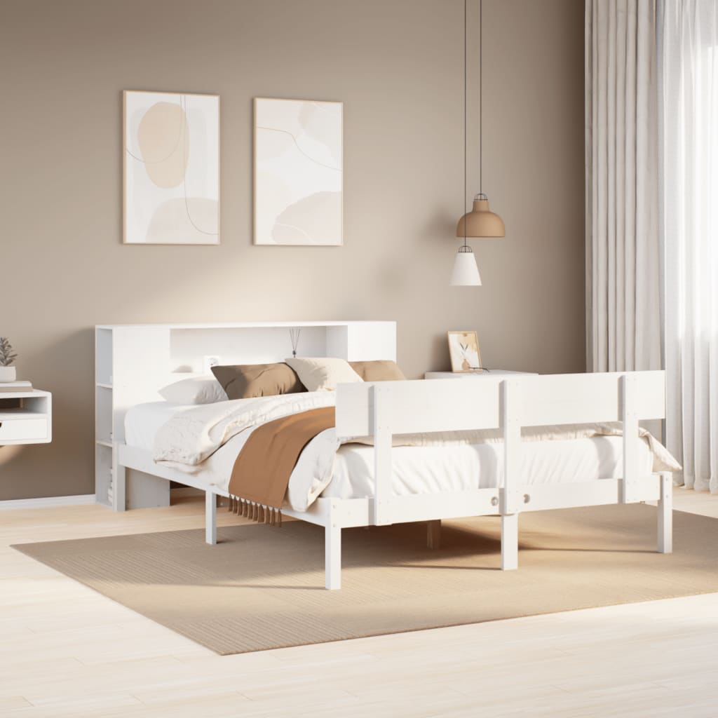 Seng med bokhylle uten madrass hvit 135x190 cm heltre furu