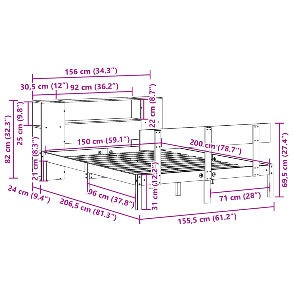 Seng med bokhylle uten madrass hvit 150x200 cm heltre furu