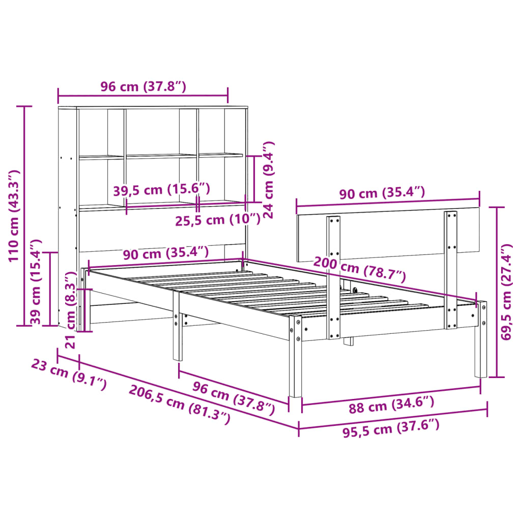 Seng med bokhylle uten madrass 90x200 cm heltre furu