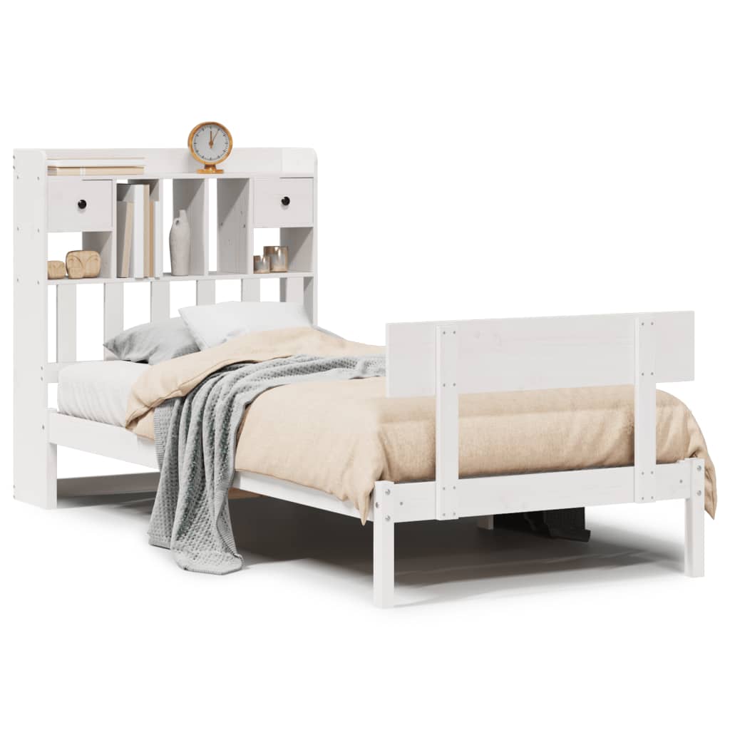 Seng med bokhylle uten madrass hvit 75x190 cm heltre furu