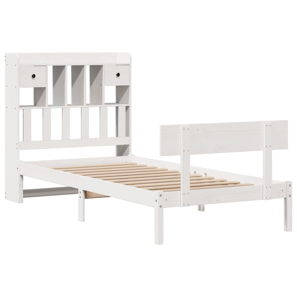 Seng med bokhylle uten madrass hvit 75x190 cm heltre furu