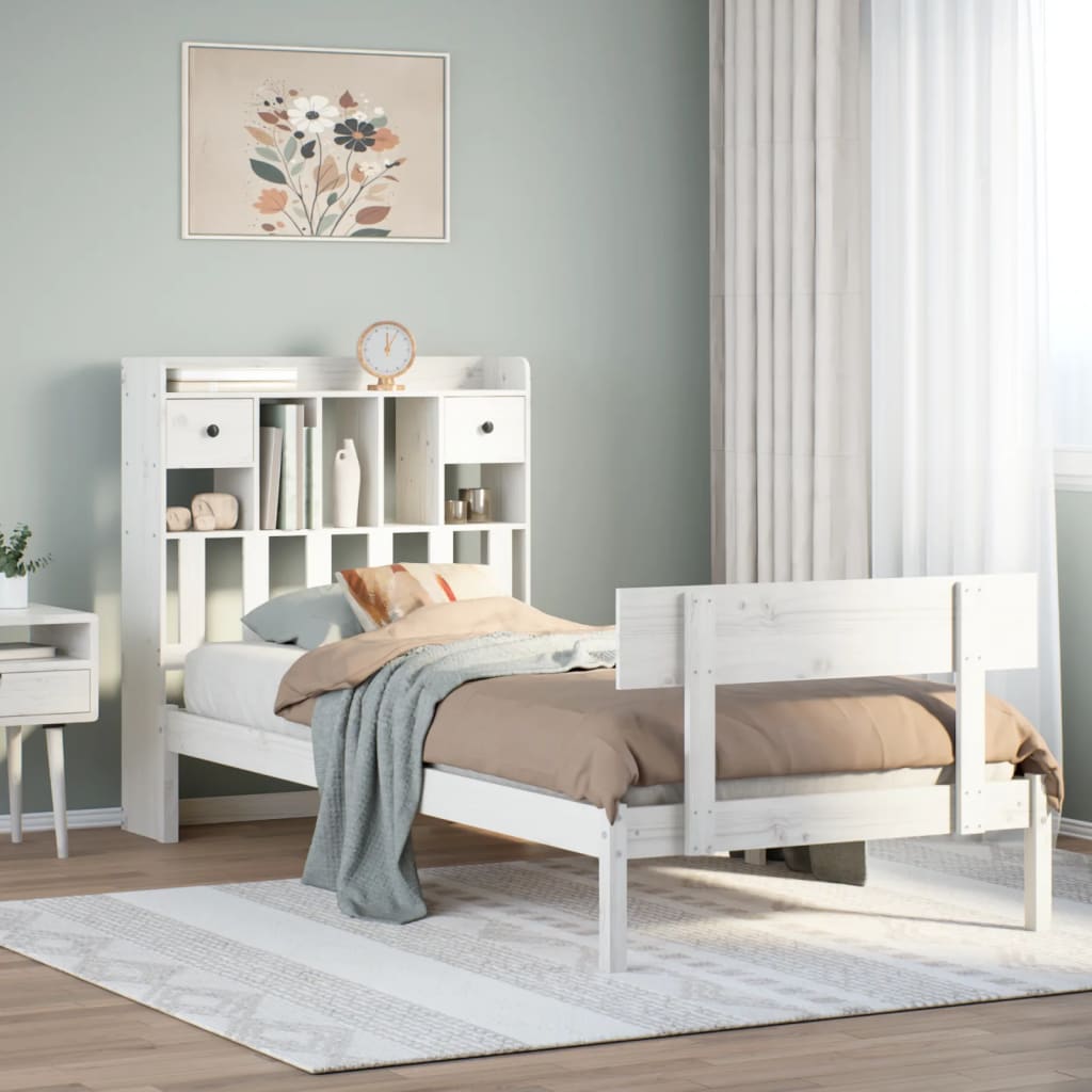 Seng med bokhylle uten madrass hvit 75x190 cm heltre furu
