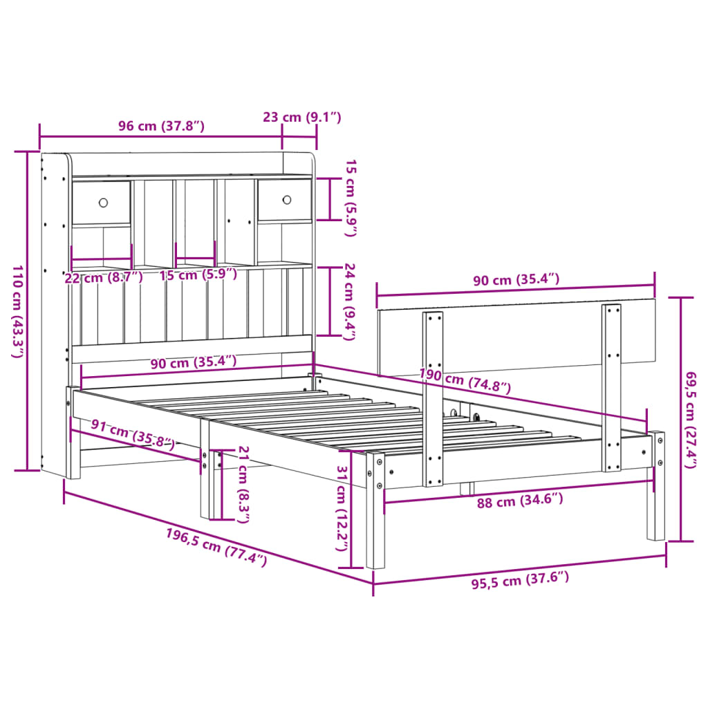 Seng med bokhylle uten madrass hvit 90x190 cm heltre furu