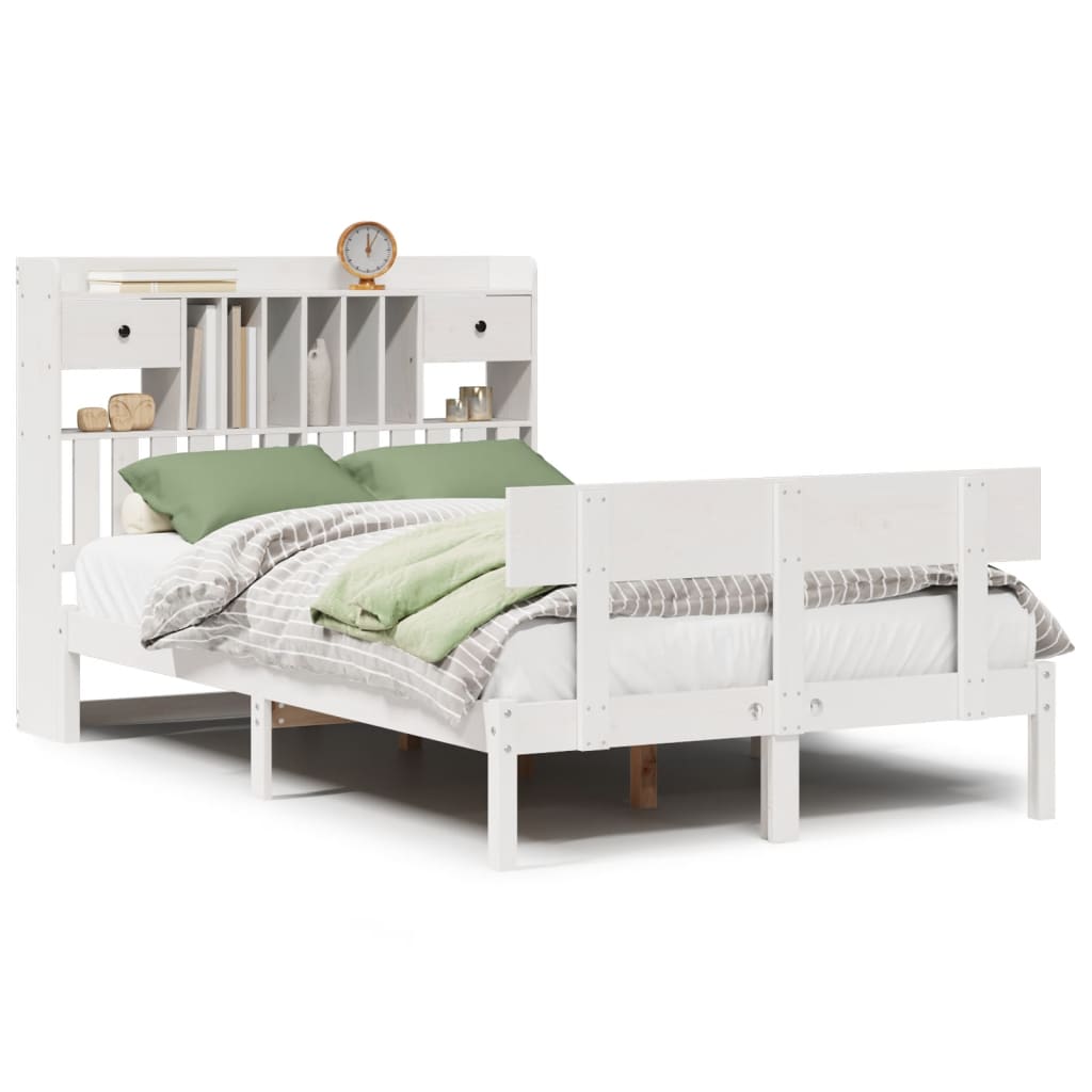Seng med bokhylle uten madrass hvit 135x190 cm heltre furu