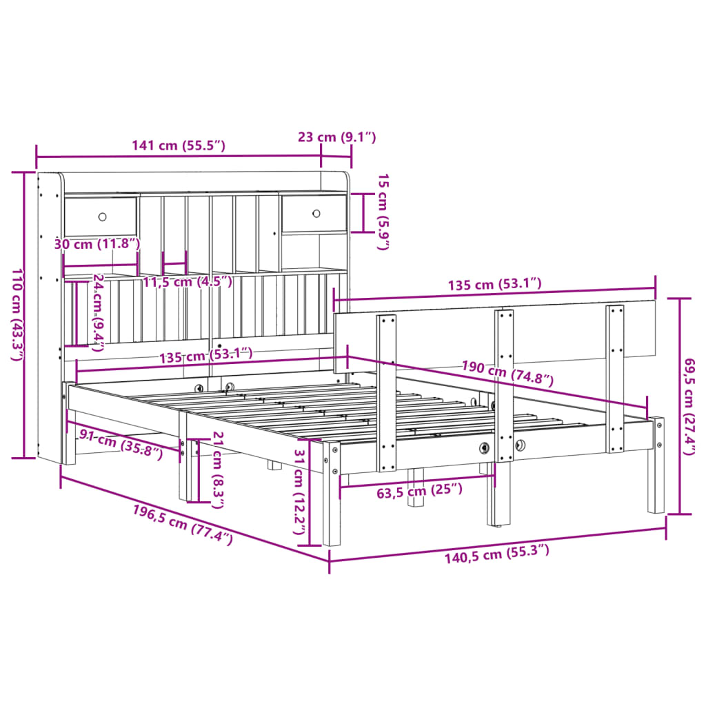 Seng med bokhylle uten madrass hvit 135x190 cm heltre furu