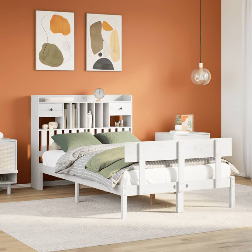 Seng med bokhylle uten madrass hvit 135x190 cm heltre furu